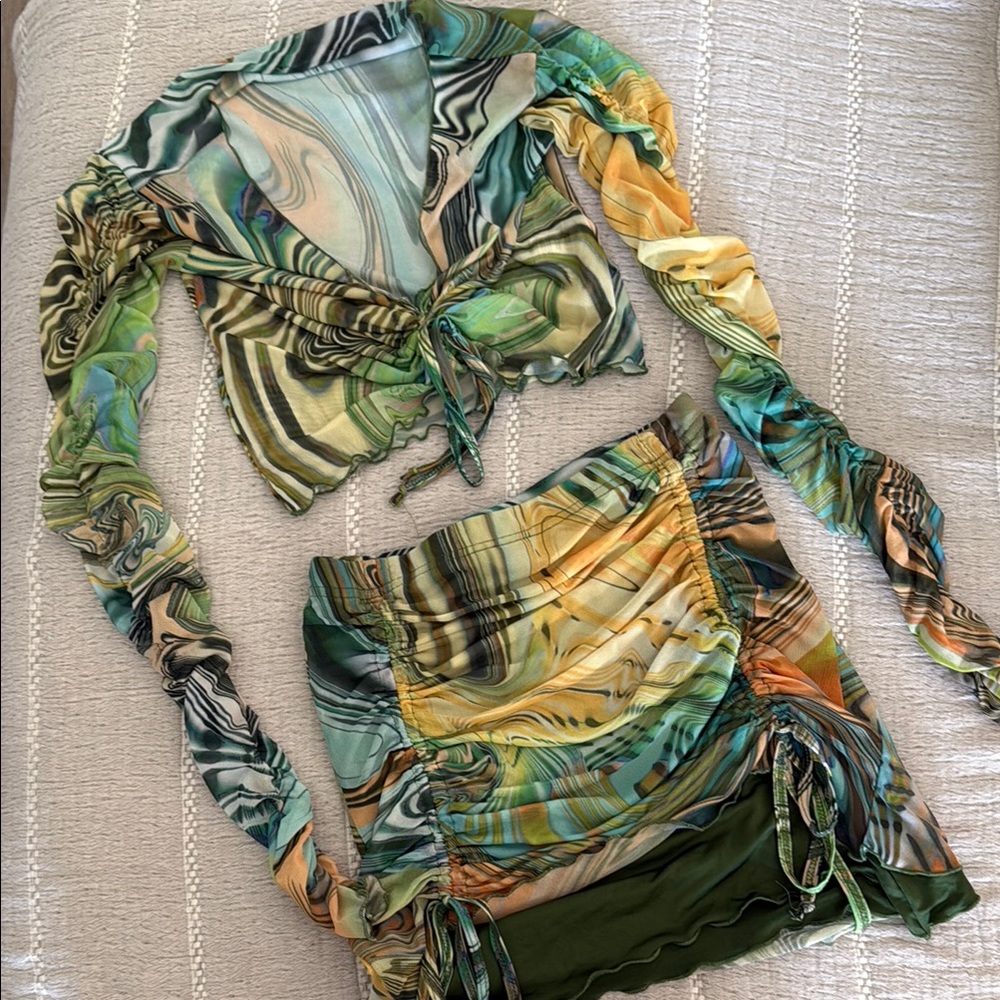 Multicolor Print Skirt Set, Crop Top, Festival Outfit, Coachella, Rave, S